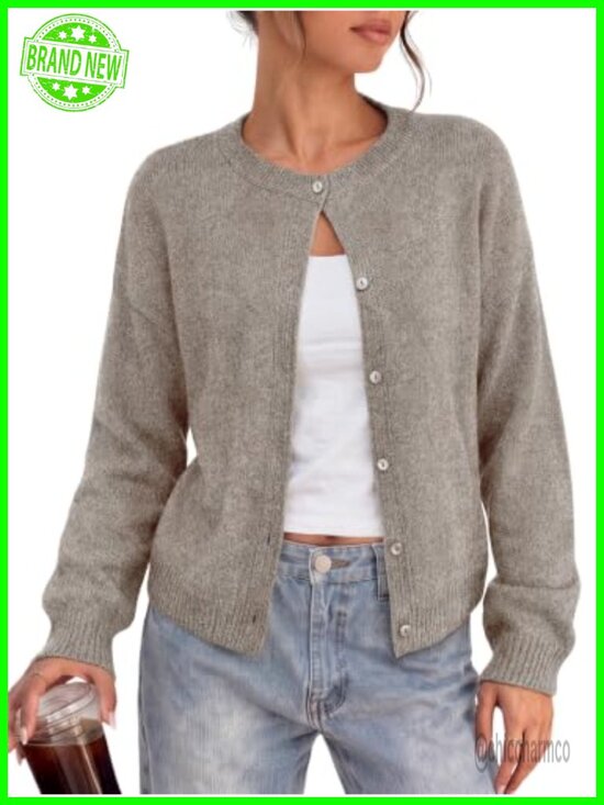 Sweaters - Womens Crew Neck Button Down Cardigan Sweater Soft Knit